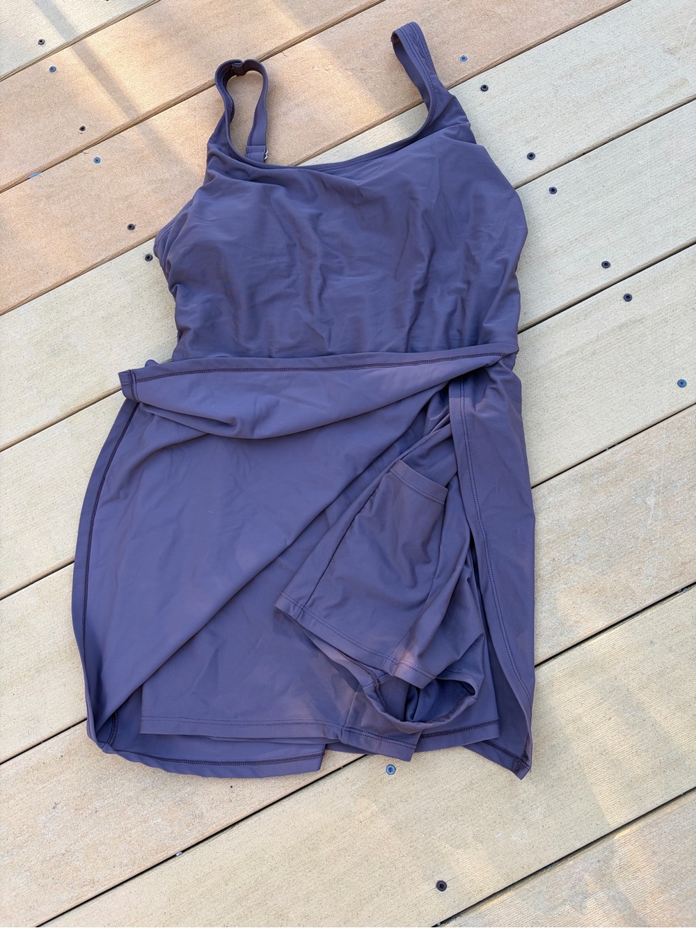 Large Women’s brown swim Dress with shorts and a pocket in the shorts
